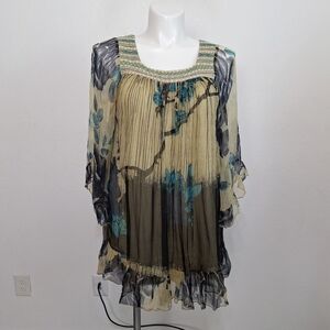 Rancho Estancia Embroidered Floral Fairy Wide Bell Sleeve Babydoll Blouse Size M